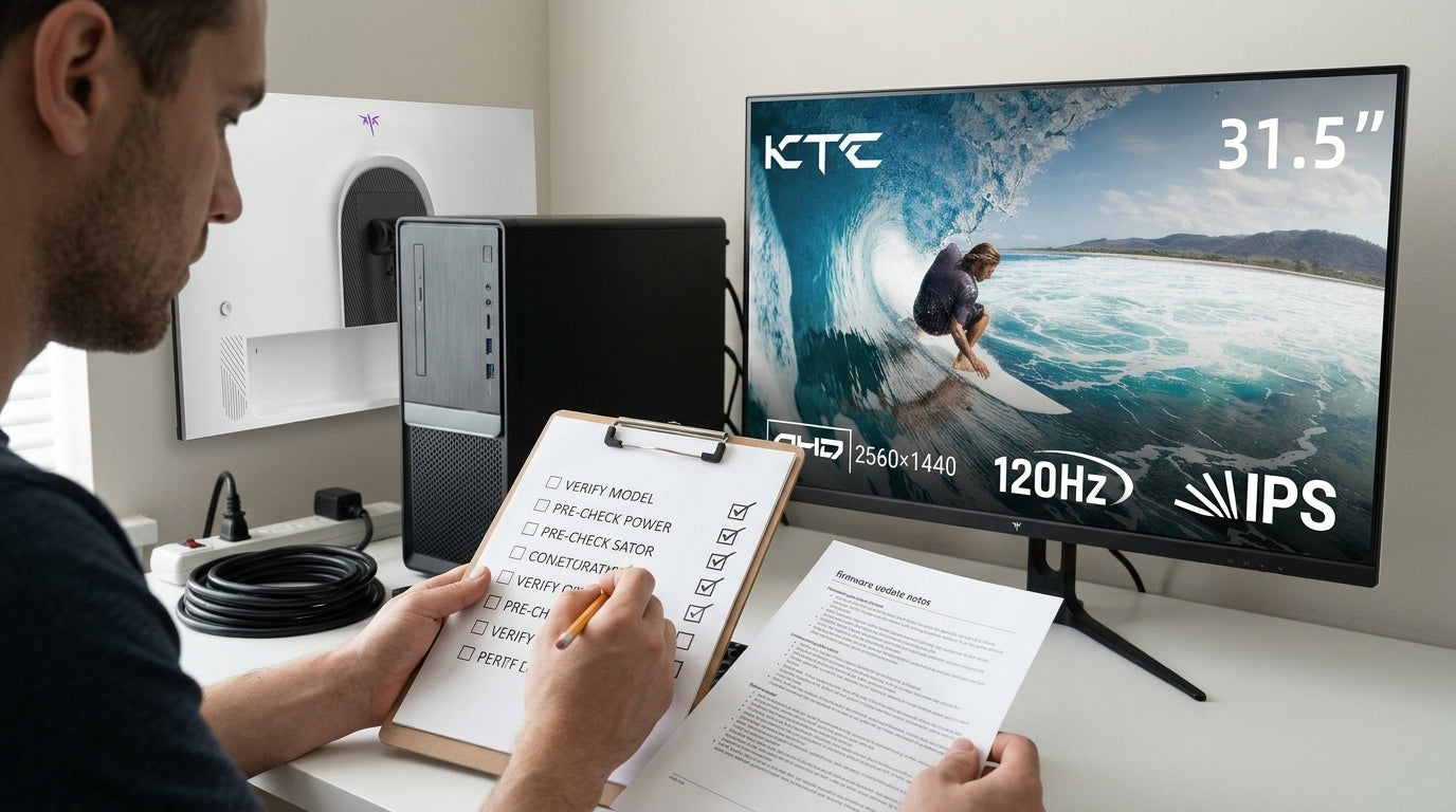 A person reviewing monitor settings and firmware notes beside a computer before starting an update.