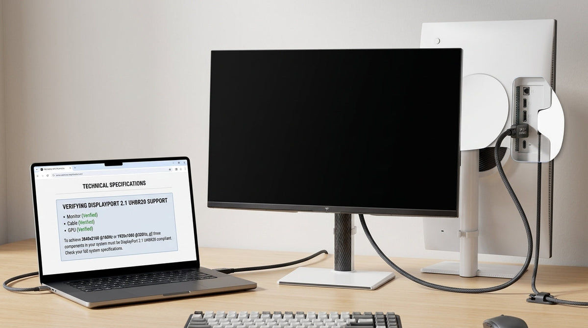 Premium gaming monitor connected by DisplayPort while a buyer checks specs on a product page