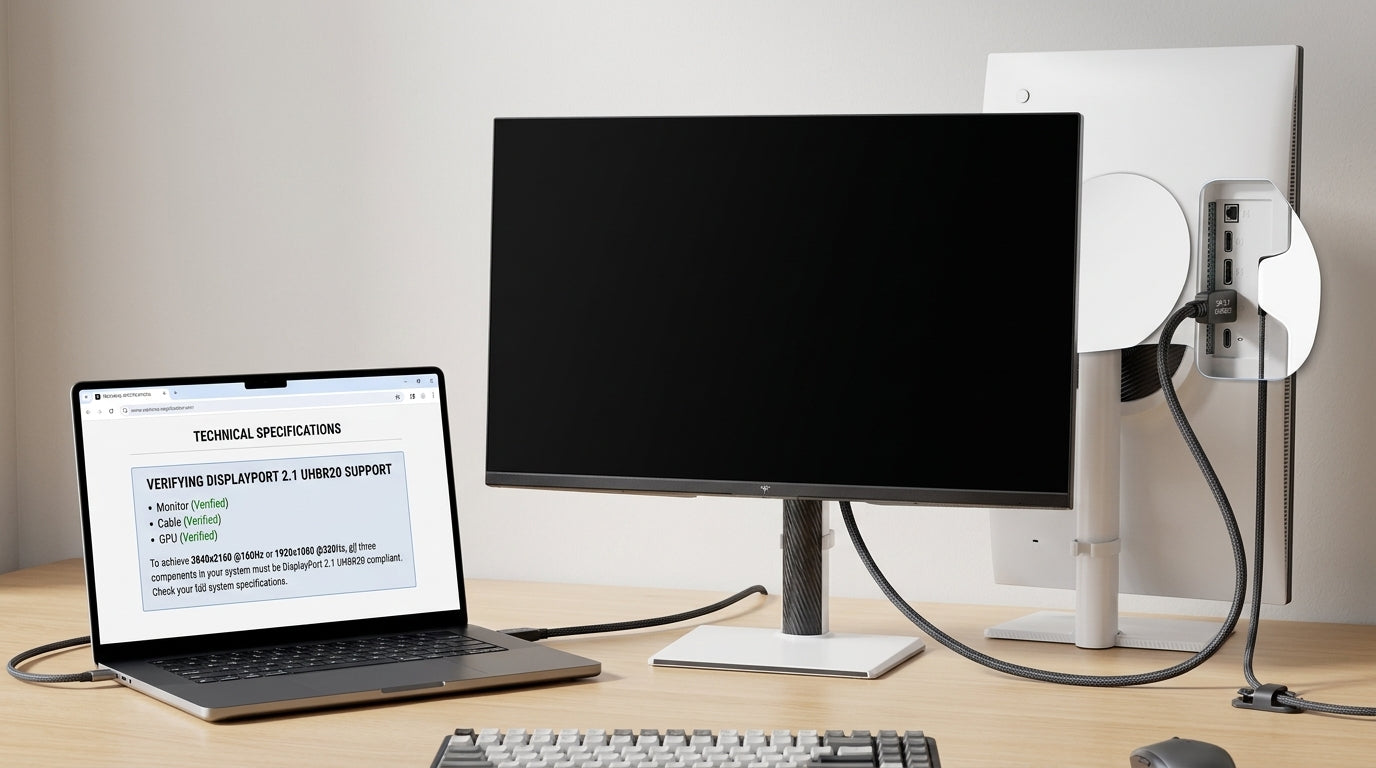 Premium gaming monitor connected by DisplayPort while a buyer checks specs on a product page