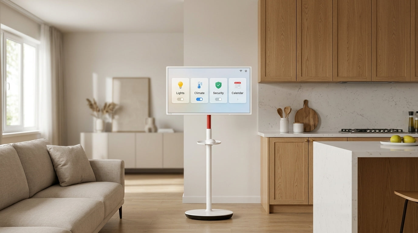 A modern home with a mobile smart display serving as a shared household control point.