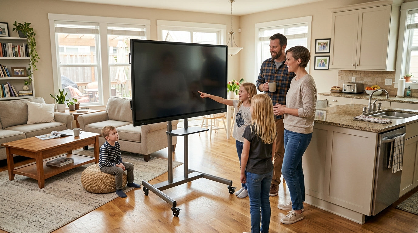 Una familia en una cocina-sala luminosa de Estados Unidos usa un display inteligente móvil como centro compartido del hogar.