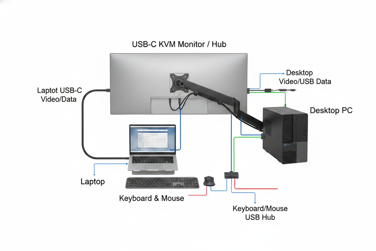 Simple desk-layout visual showing how a laptop and desktop connect through a USB-C monitor or KVM to one keyboard and mouse.