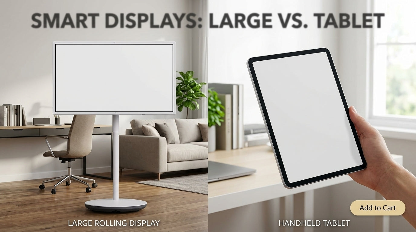MegPad versus tablet decision guide showing a rolling smart display beside a tablet on a home desk