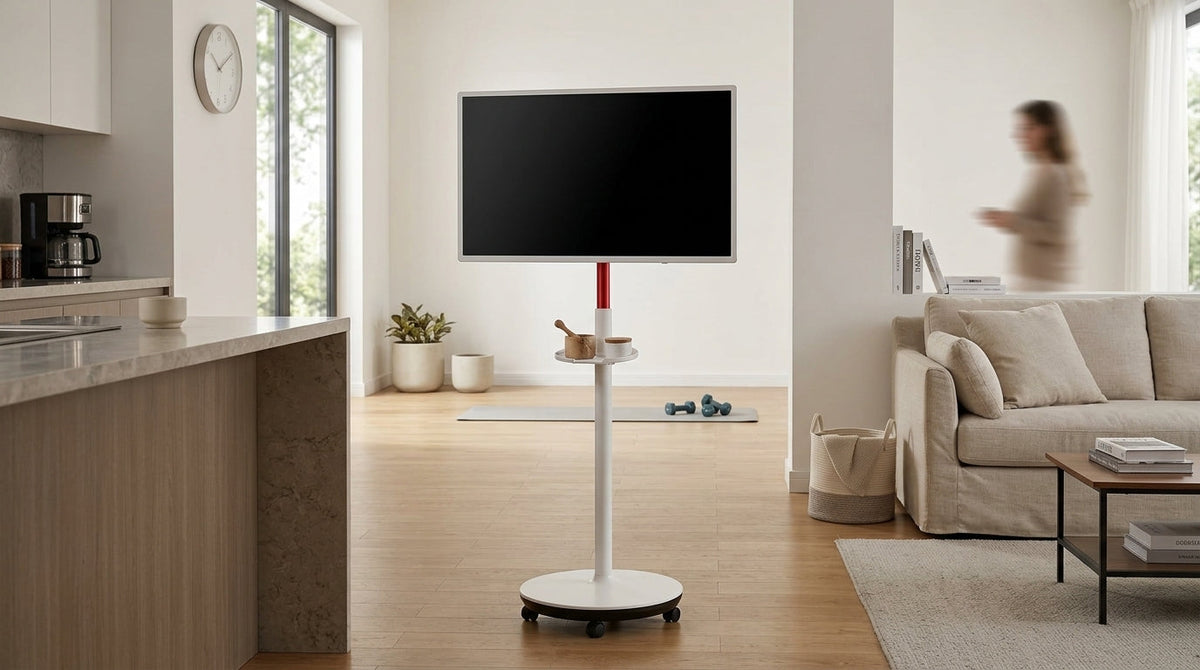 A rolling smart display in a modern open-plan home used for kitchen media, family viewing, and flexible room-to-room workflows.