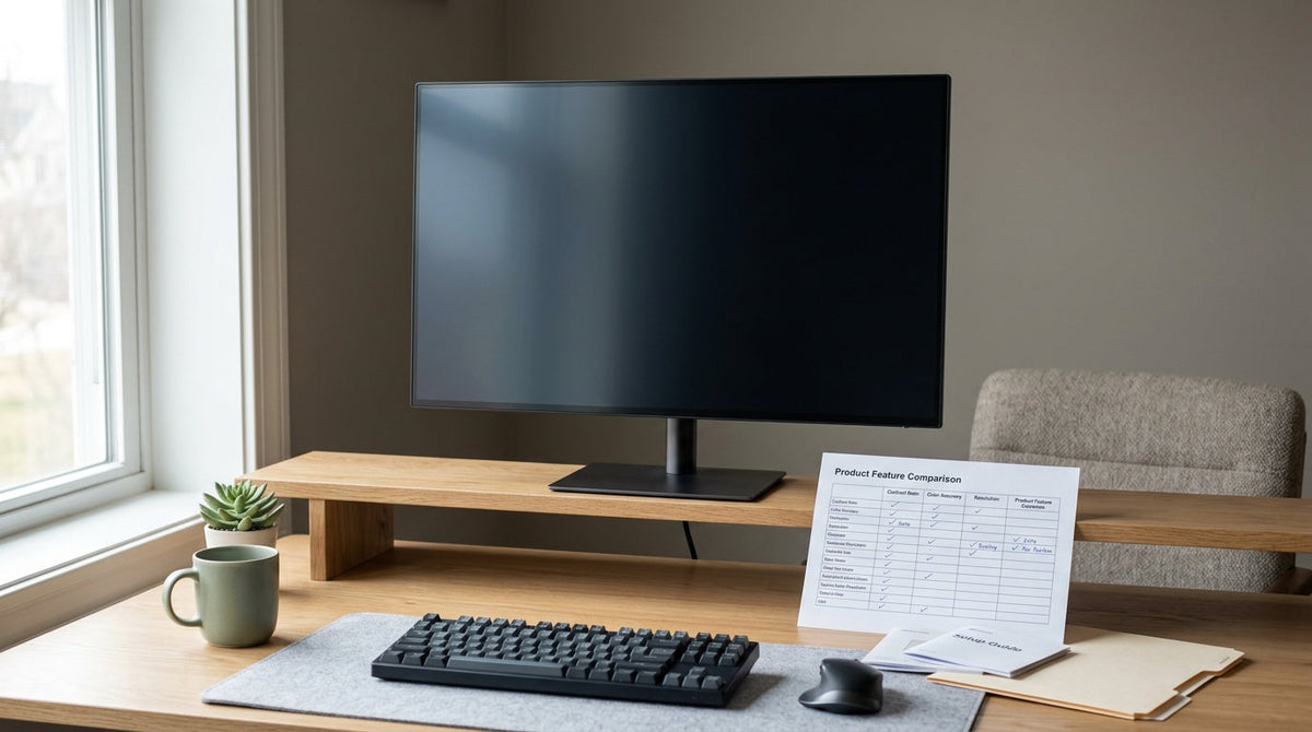 Neutral workspace with an OEM monitor comparison checklist and a monitor on a clean desk