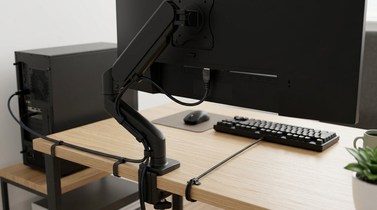 UHBR20 cable and DisplayPort connector on a gaming desk beside a high-refresh monitor