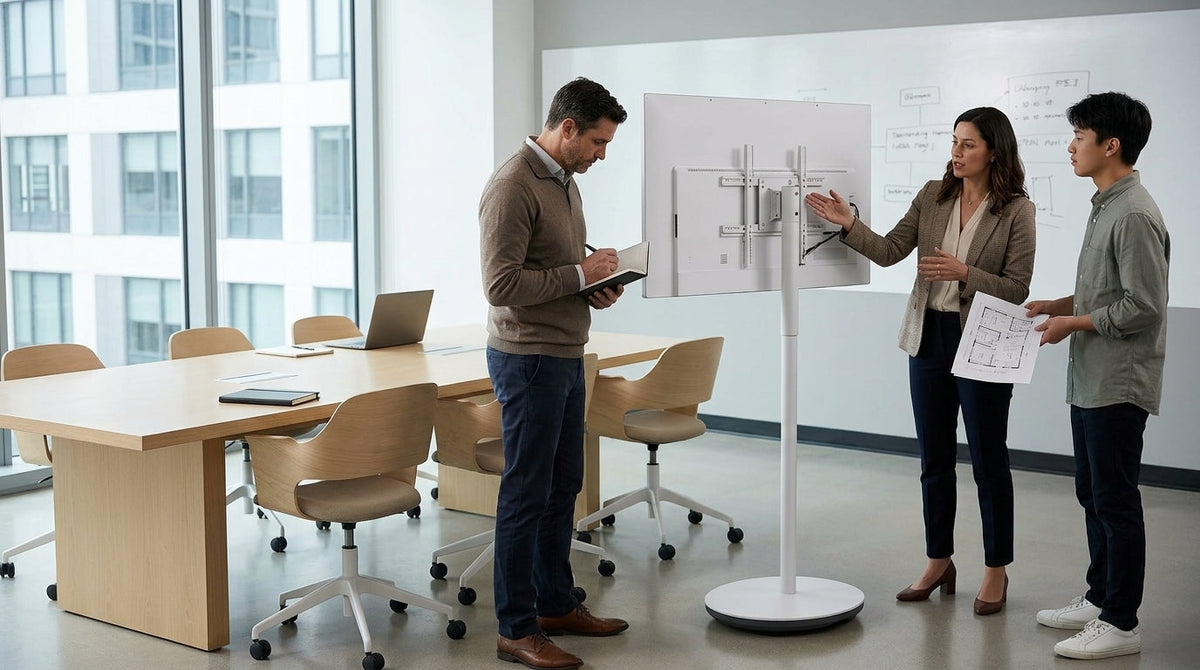 Conference room with a rolling smart display beside a meeting table as professionals review the setup.