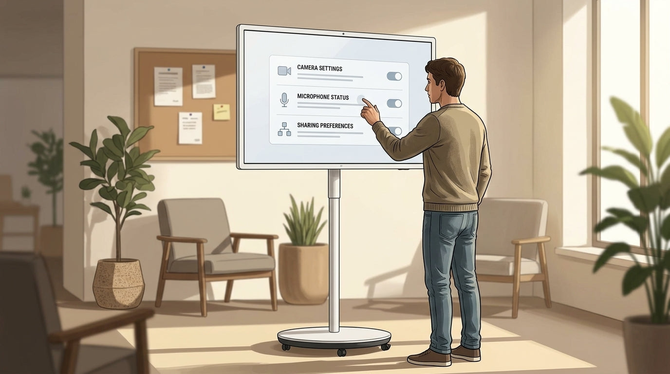 Editorial illustration of a shared rolling smart display in a neutral office or classroom setting, with generic privacy controls visible.