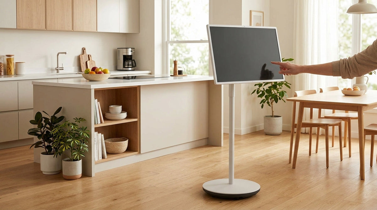 A rolling smart display used as a household command center in a modern kitchen or living room.