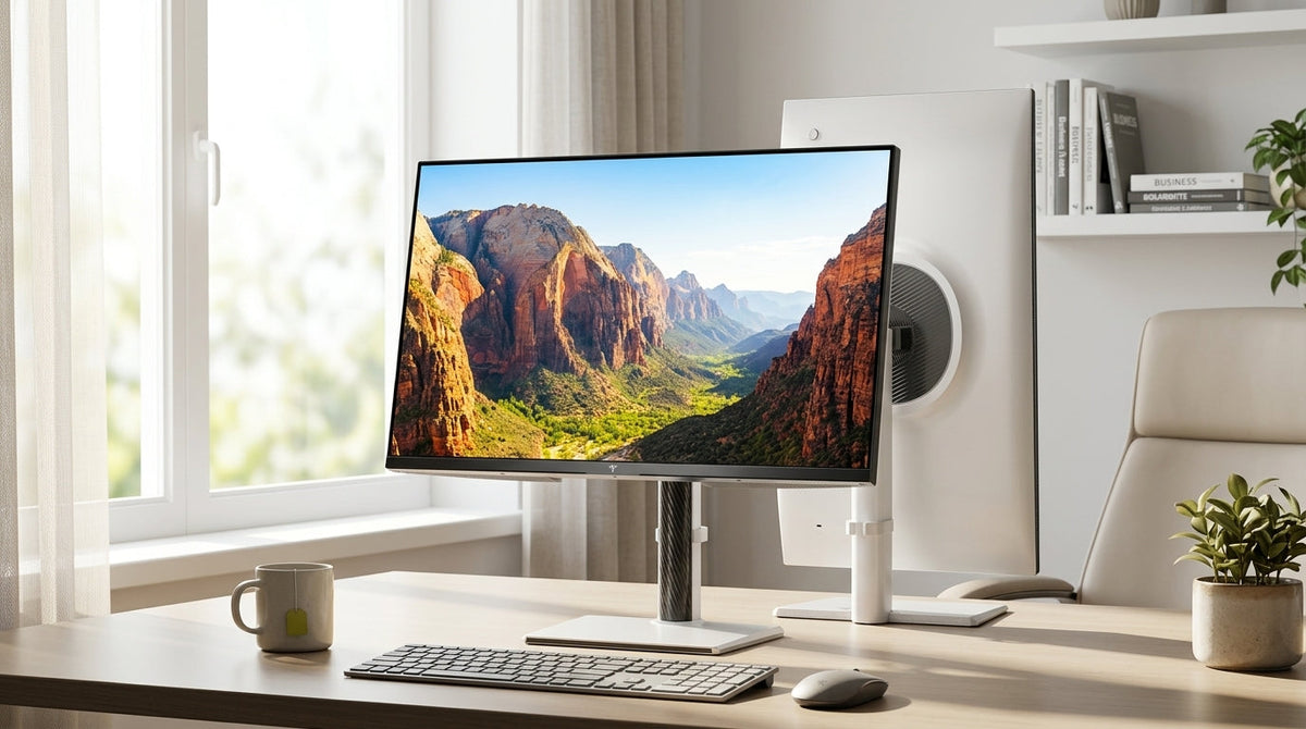 KTC Mini-LED monitor on a bright office desk beside a window