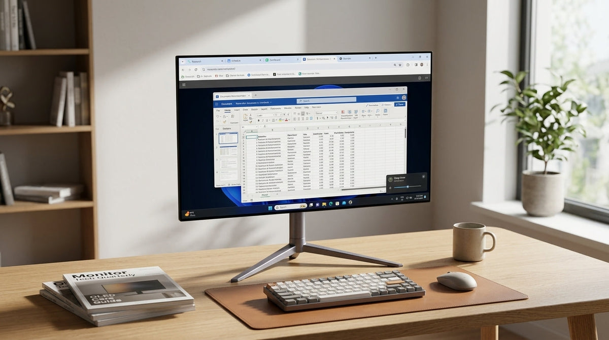 Desktop OLED monitor on a work desk with static UI elements and burn-in mitigation context