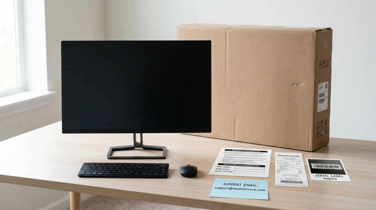 Desk setup with a KTC monitor box, receipt, serial label photo, and warranty card used for warranty verification