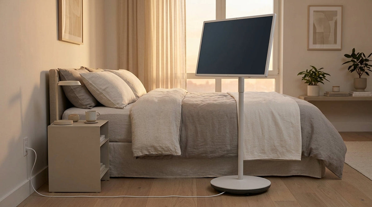 Rolling smart display set beside a bed in a tidy bedroom with soft lighting and a clean cable path