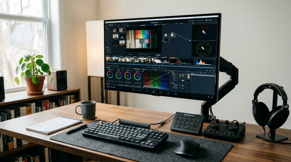 Creator desk with a Mini-LED monitor in a color-critical editing setup