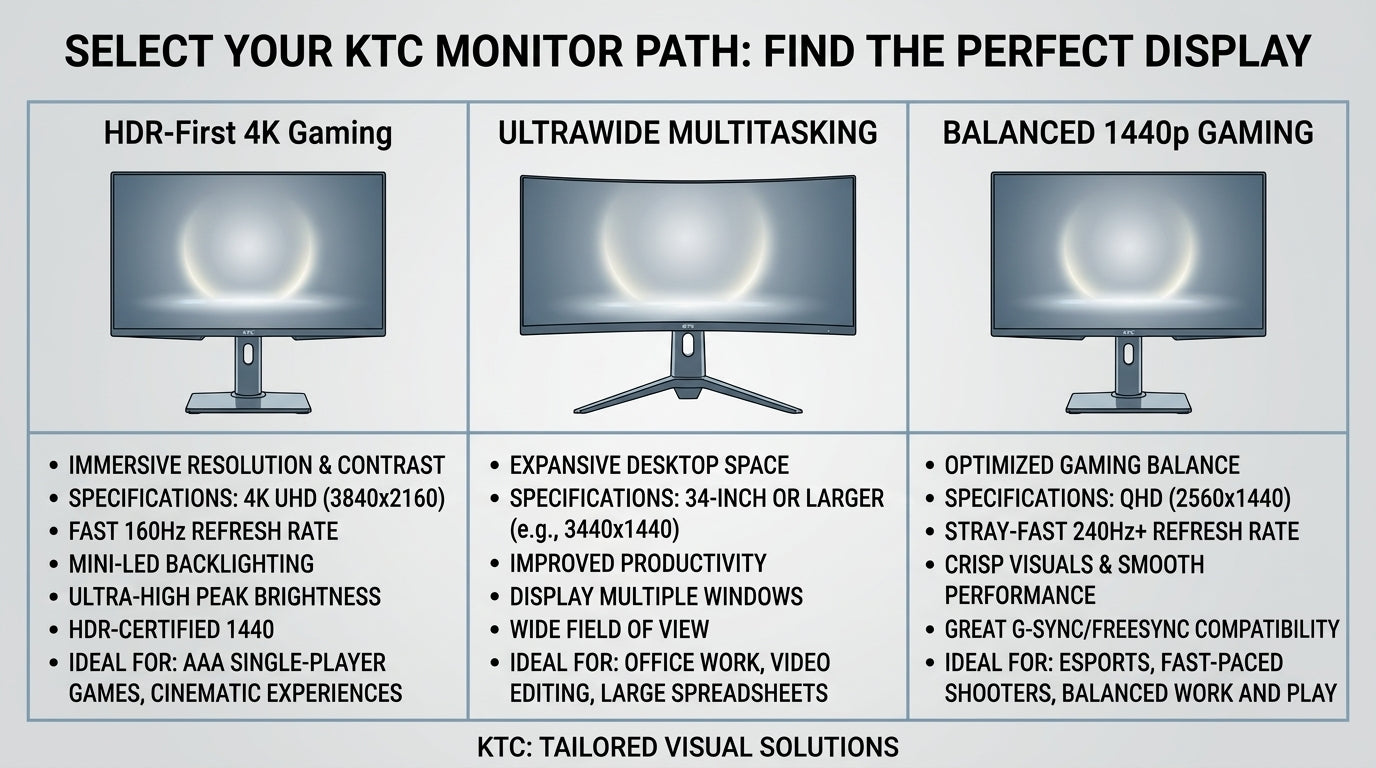 Comparison chart of KTC monitor choices by use case and trade-off