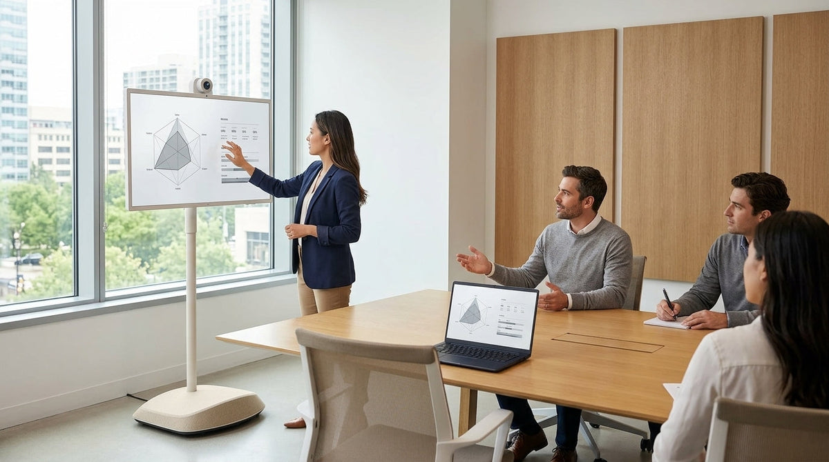 Rolling smart display meeting hub in a hybrid conference room with a team sharing a screen