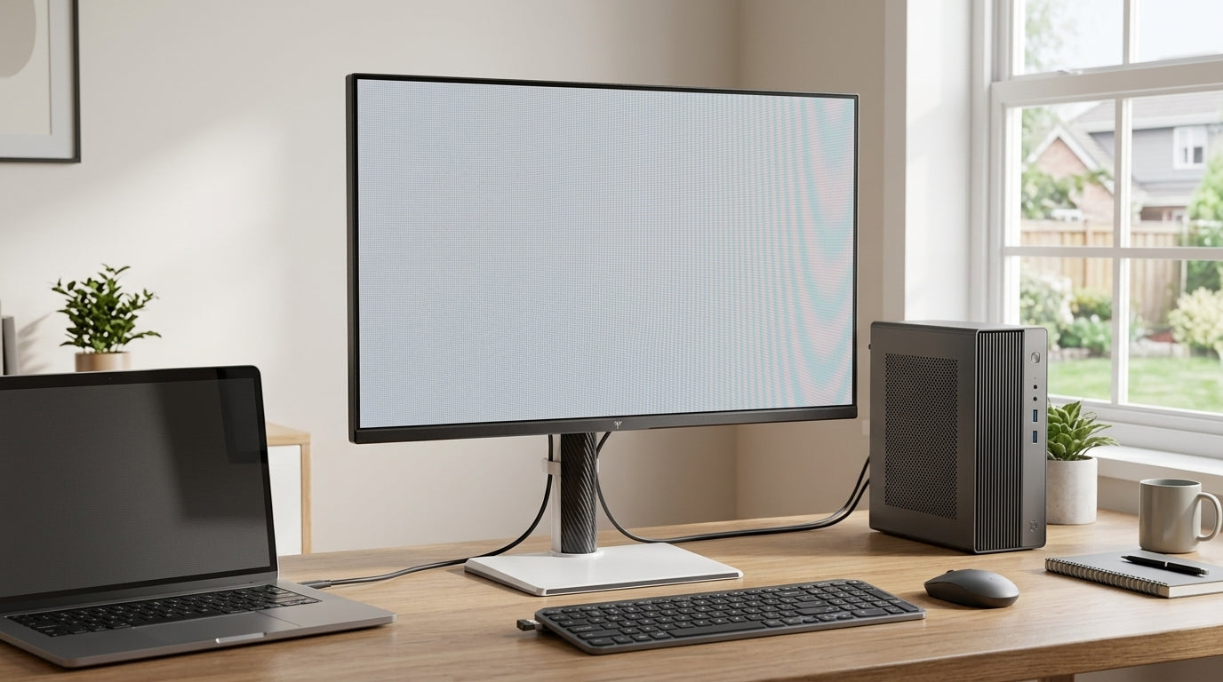 A clean dual-computer desk with a laptop, desktop tower, and USB-C monitor used as a KVM hub