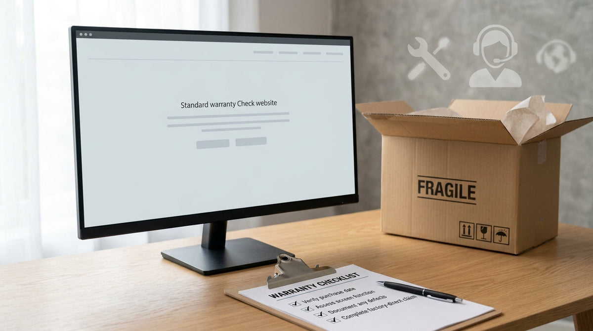 Checklist-style illustration of a monitor warranty review with coverage, shipping, and support notes.