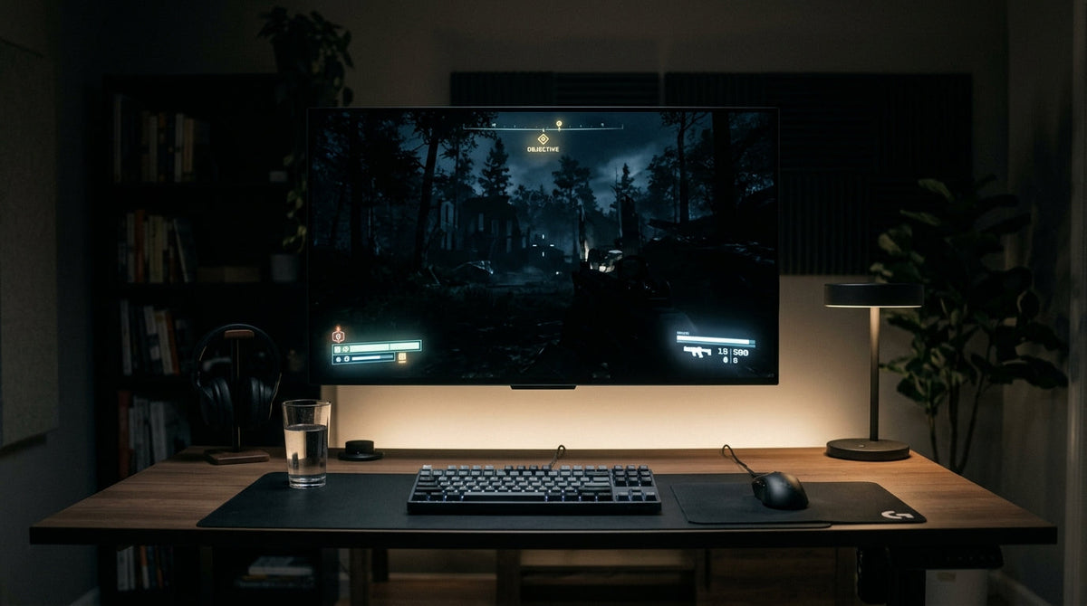 Mini-LED gaming monitor on a desk in a dim room with a dark game scene and subtle halo around bright UI elements