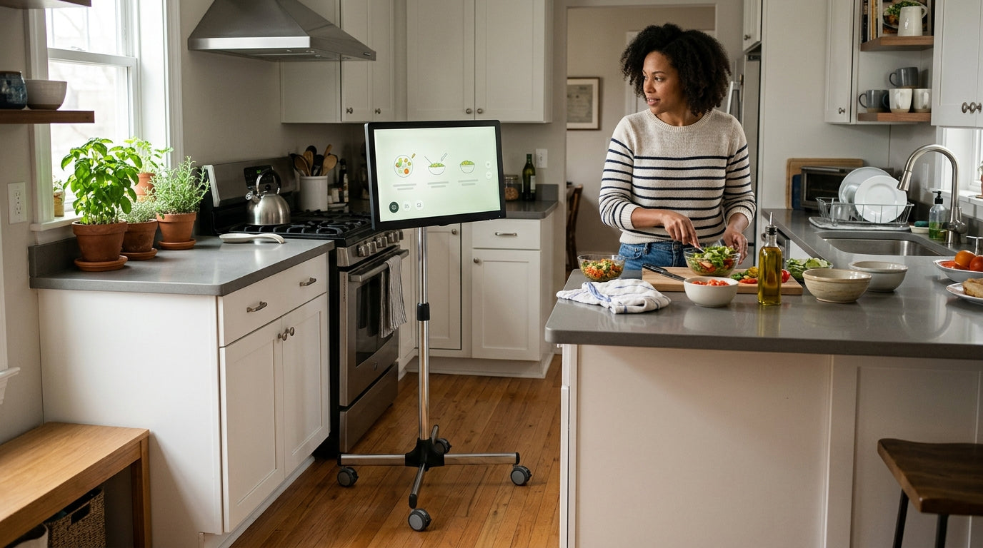 A rolling smart display in a home kitchen, positioned near the countertop as a practical hub for cooking and household tasks.