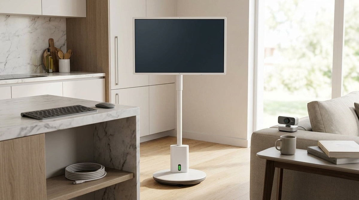 MegPad battery life guide with a portable smart display in a home setting