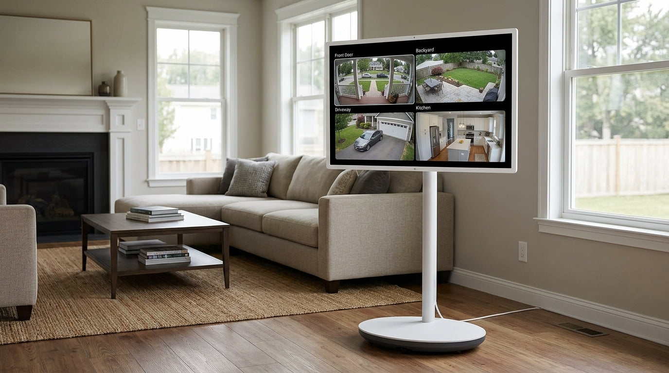 A rolling smart display in a home living area showing security camera feeds for a central monitoring hub.