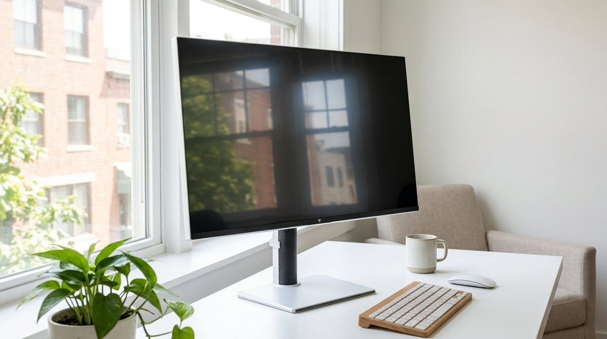 A bright home desk setup with a monitor near a sunlit window, showing the glare and reflections that matter in Mini-LED buying decisions.