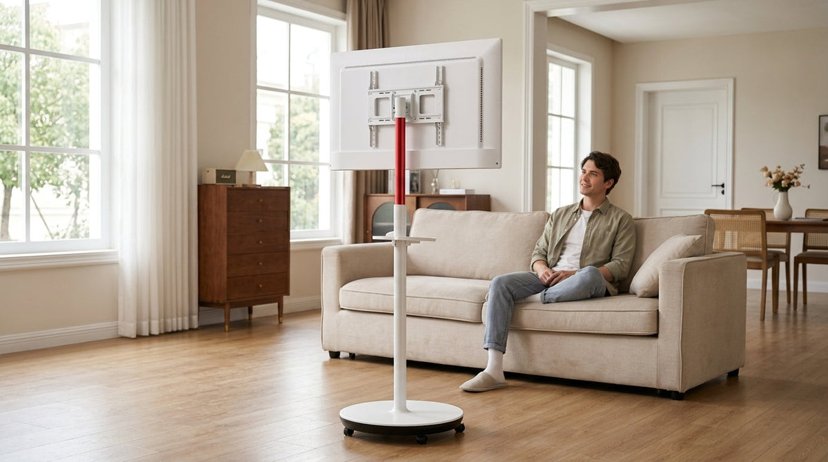 Rolling smart display in a bright living room used for home entertainment.