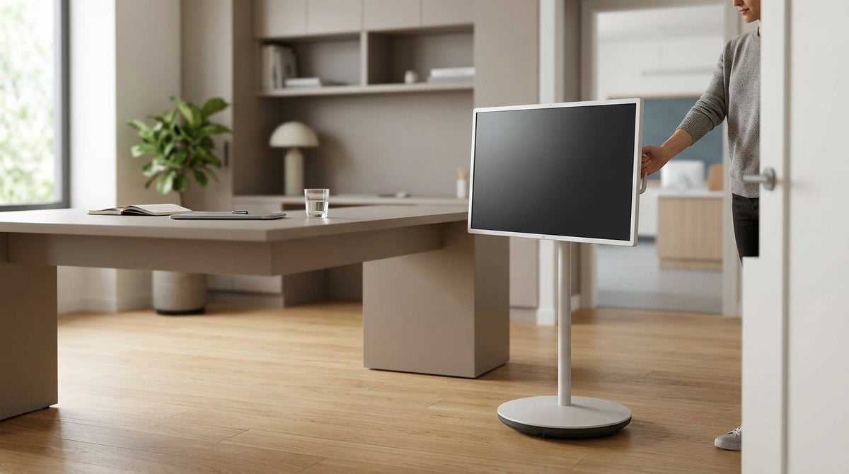 A rolling smart display being moved through a bright home or office space, showing flexible use across different rooms.