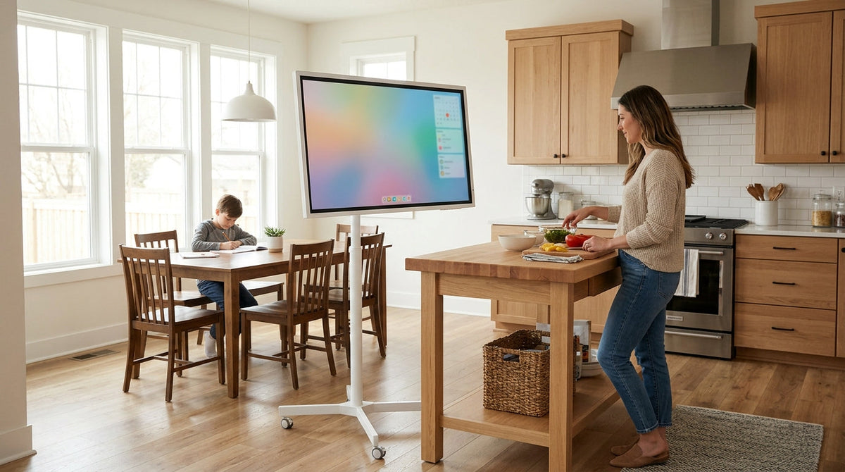 A rolling smart display set up in a bright kitchen and family hub area, showing a practical home layout for shared use.