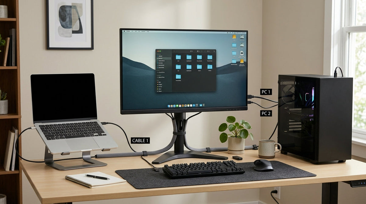 Dual-PC desk with a USB-C KVM monitor, laptop, desktop tower, keyboard, and mouse on a tidy home office setup