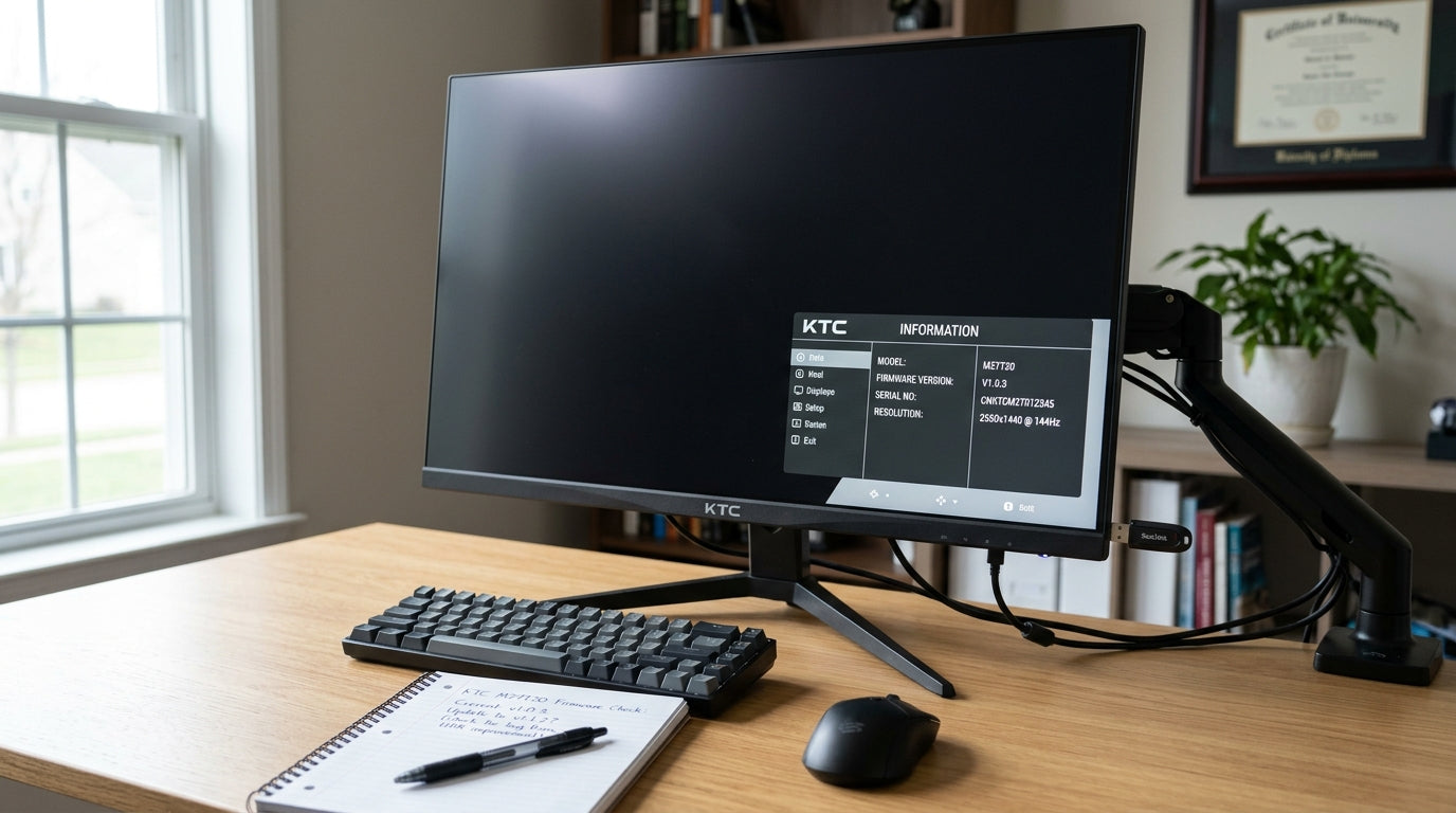 US buyer checking KTC monitor firmware version and region on a clean desk before updating
