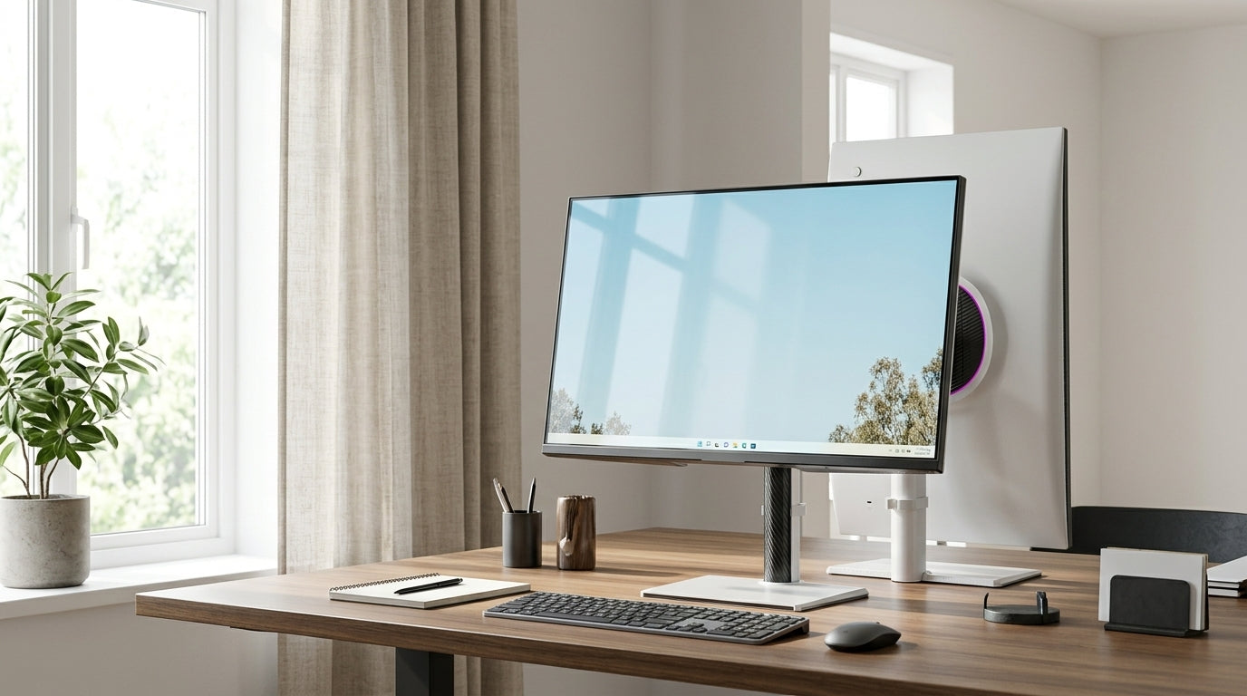 Bright home office desk with a monitor near a window, showing glare control and readable screen placement in daylight.