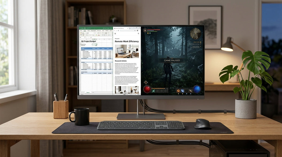Hybrid monitor on a single desk with work windows and a game on screen