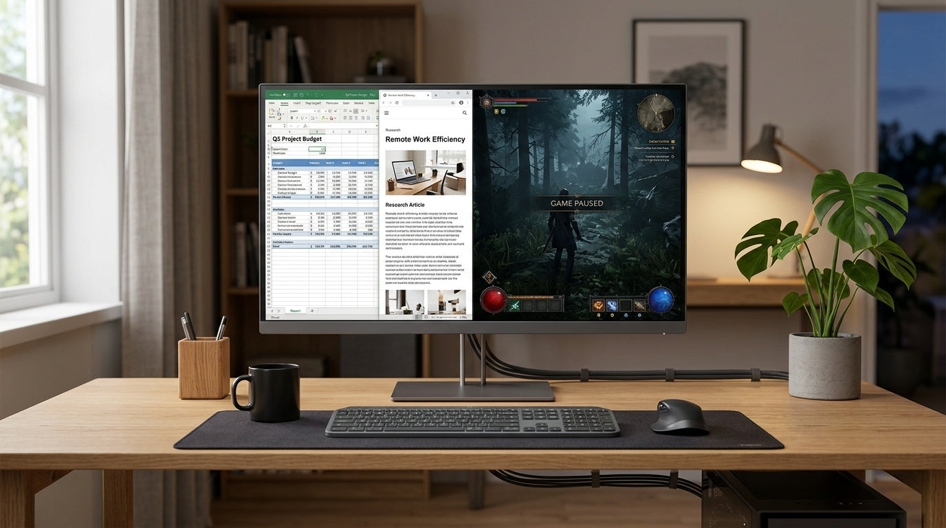 Hybrid monitor on a single desk with work windows and a game on screen