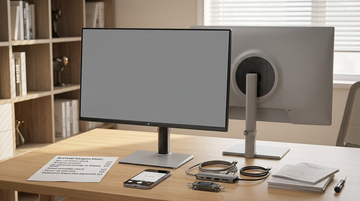 A KTC gaming monitor on a clean desk with a checklist-style setup around it
