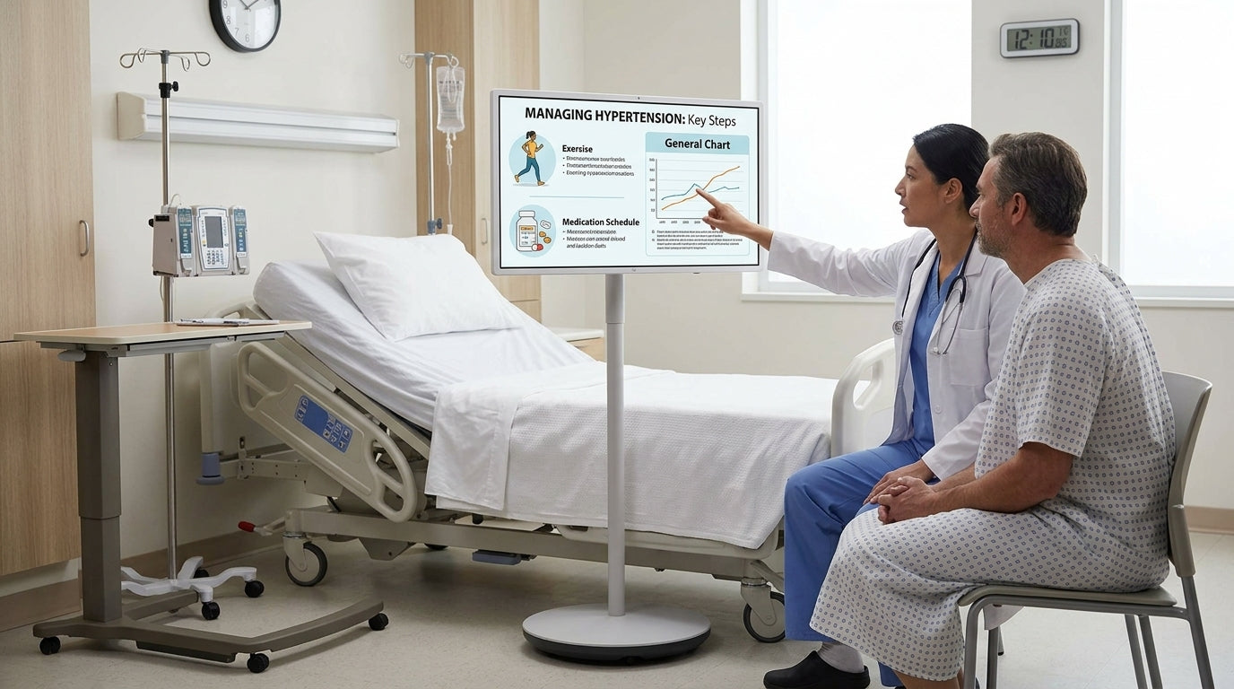 A mobile smart display used beside a hospital bed for bedside education and telehealth workflow review