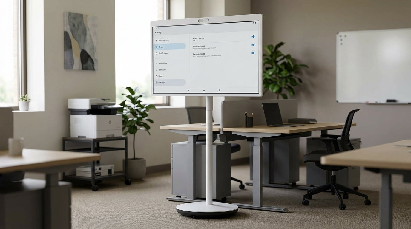 Shared smart display in a workplace with privacy-focused setup cues, including camera cover and admin settings