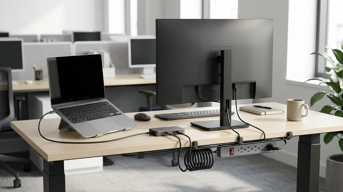 Hybrid office desk with laptop, Thunderbolt dock, USB-C monitor, keyboard, and mouse for setup troubleshooting