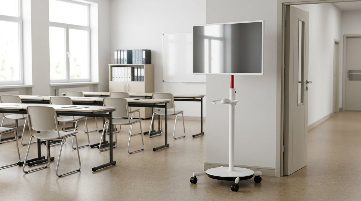 A rolling smart display on wheels in a classroom or clinic setting