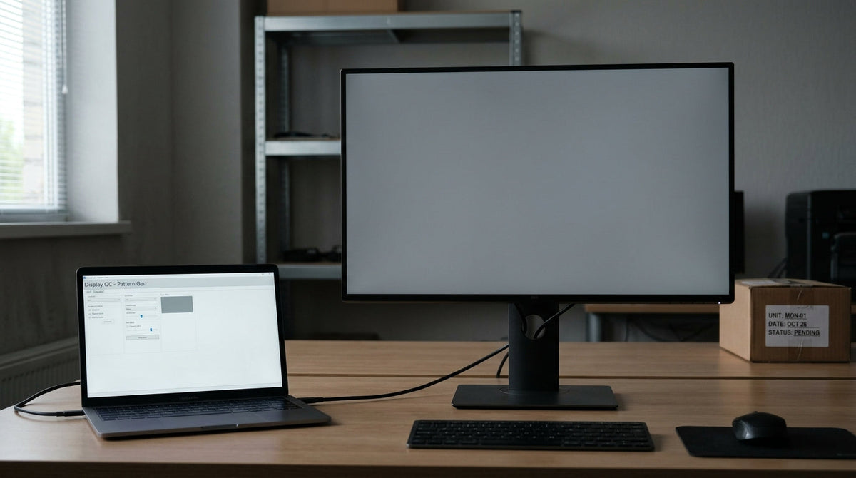 A desk setup for checking a new monitor with solid-color test screens in a dim room