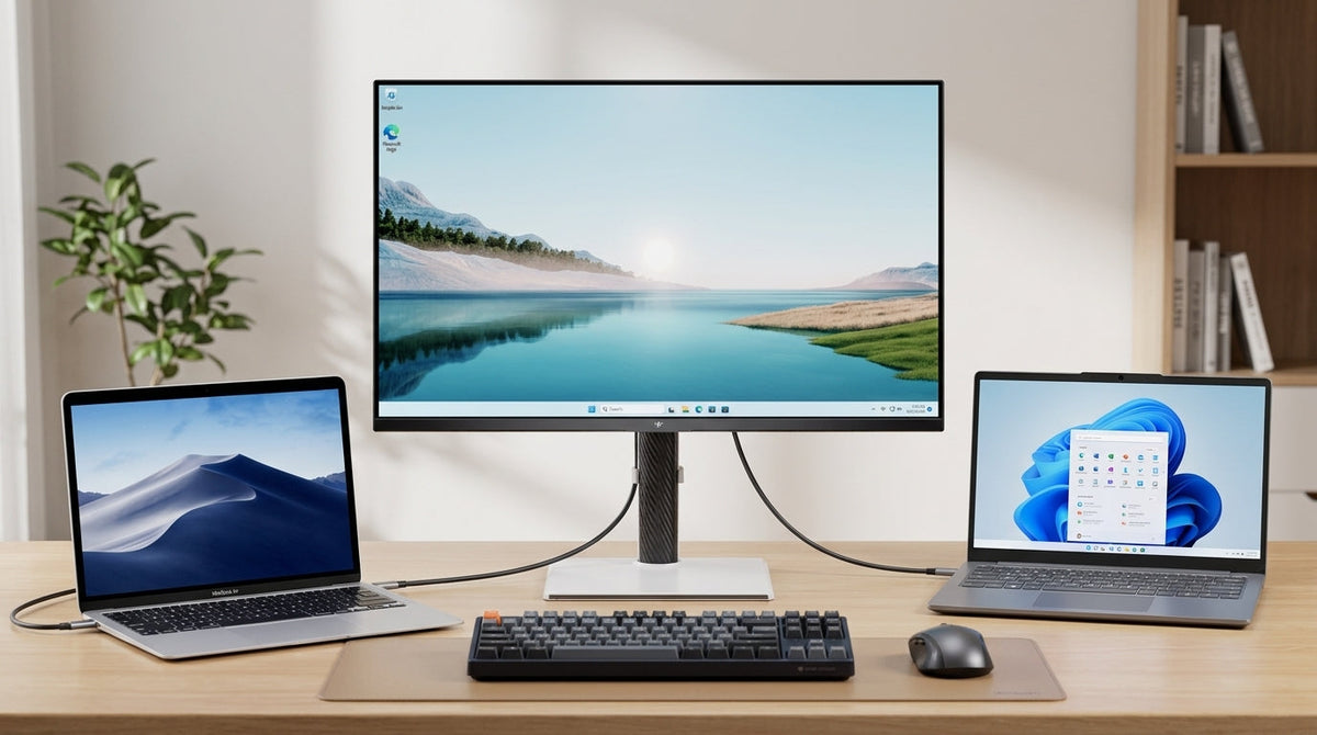 MacBook and Windows laptop connected to a USB-C KVM monitor on a clean hybrid desk