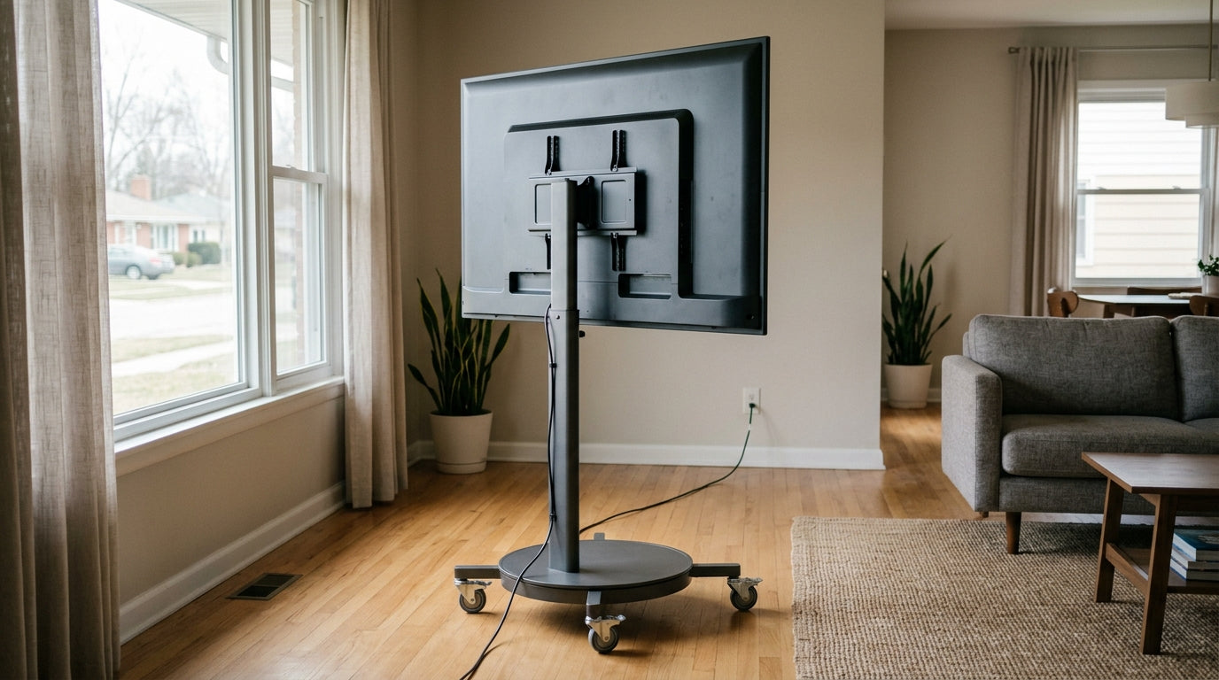 Smart display on a rolling stand in a home living room, with visible floor space and cable routing to show placement and stability context.