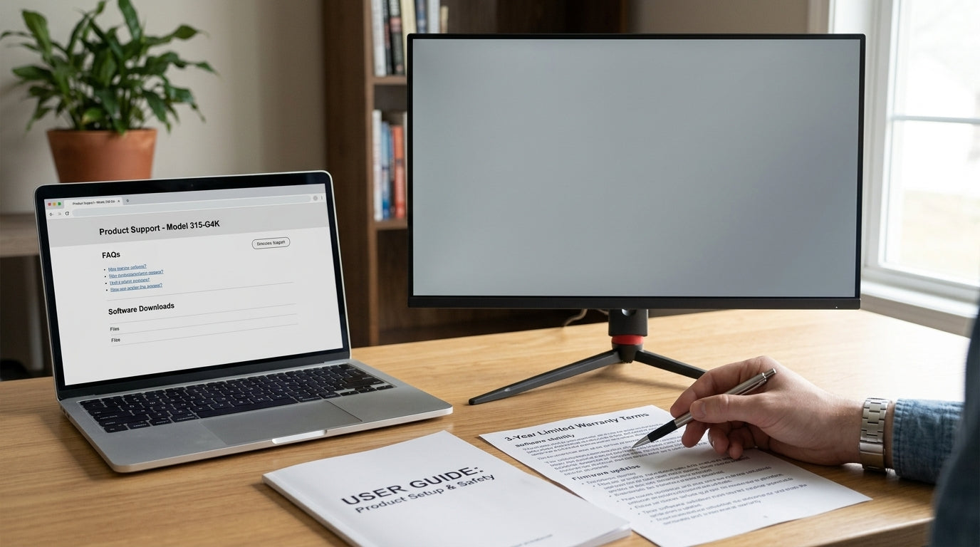 Buyer reviewing monitor firmware support pages, a manual, and warranty terms before checkout