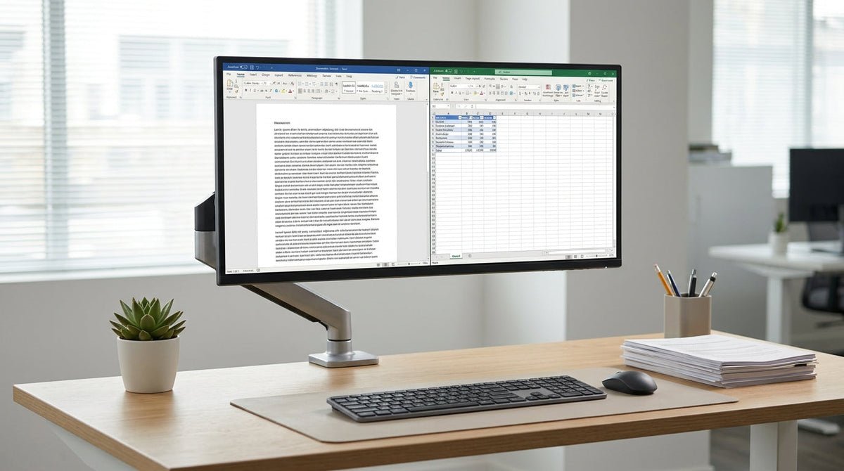 A clean office desk with a monitor showing a text-heavy workspace for spreadsheets and documents.