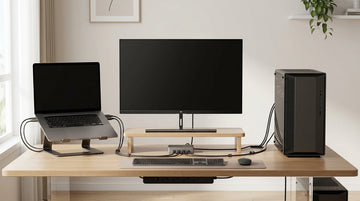Clean hybrid desk setup with a MacBook, gaming PC, and one monitor connected through tidy cable routing for a USB-C KVM workflow.