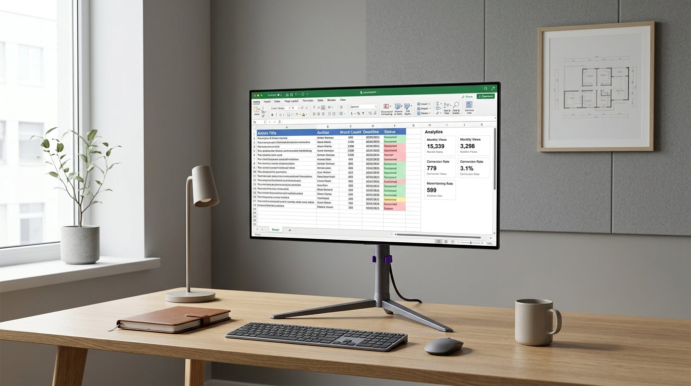 An OLED monitor on a clean office desk showing a spreadsheet and dashboard