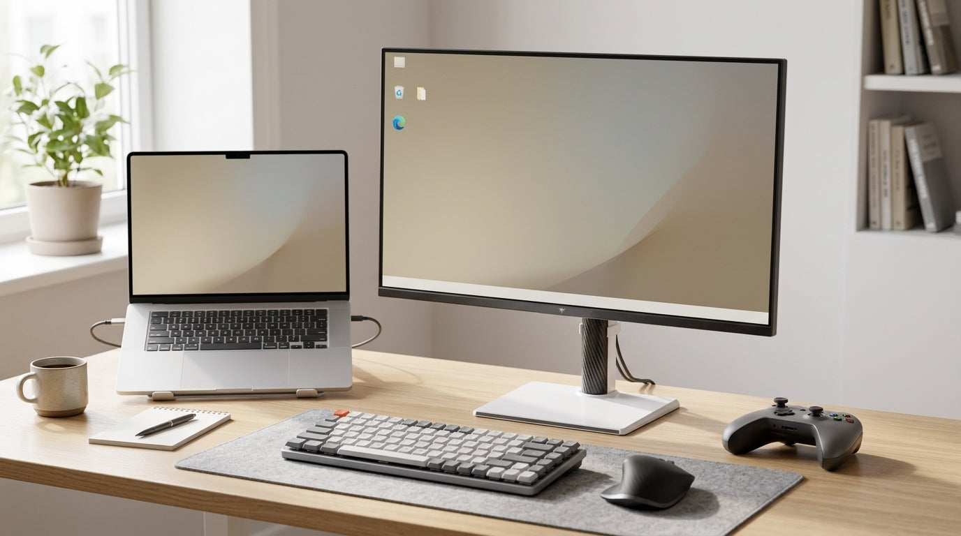 A home office desk with one monitor for work and gaming, a laptop, keyboard, mouse, and a game controller
