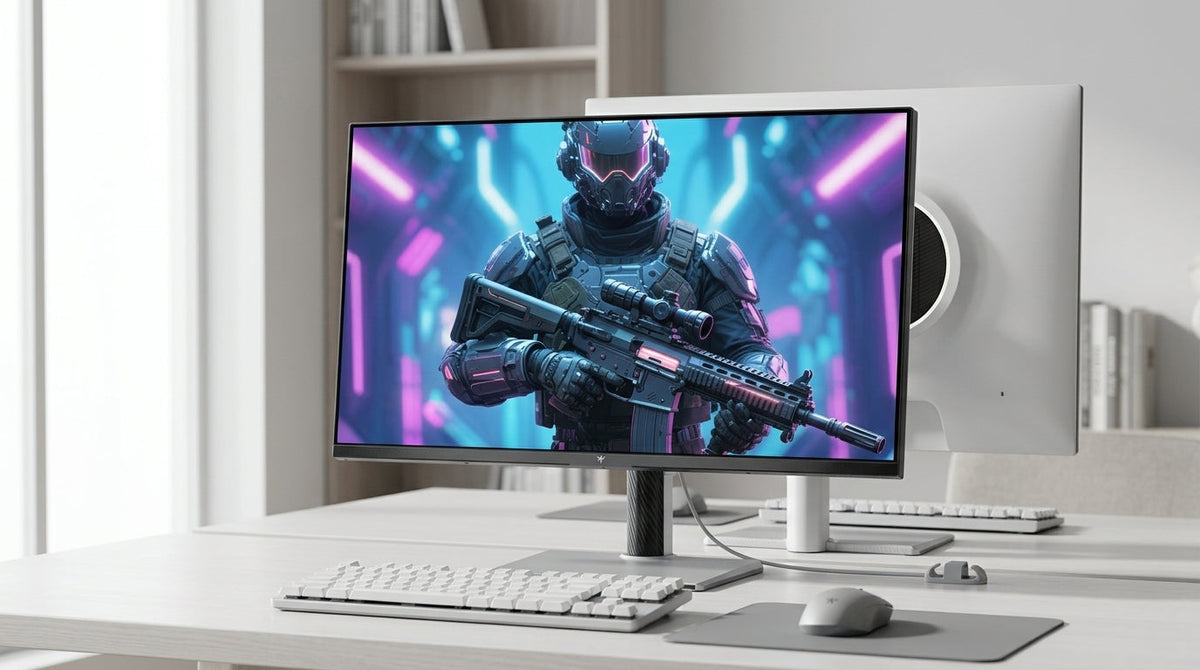 A 27-inch Mini-LED gaming monitor on a clean desk in a bright room.