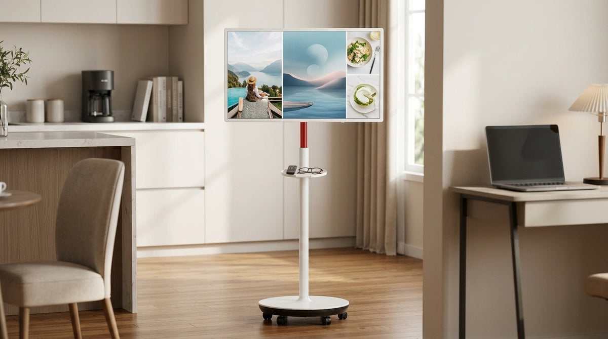 Rolling smart display in a home setup near a living room and kitchen area